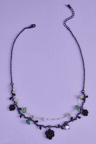 Green Aventurine Black boho Rose Necklace