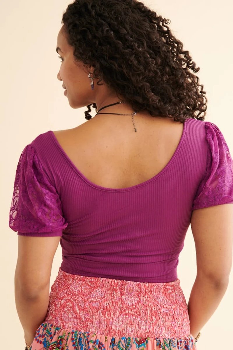 Buy Plum Corset Lace Puff Sleeve Shirt Online at Earthbound Trading