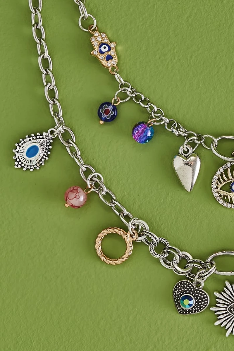 Buy boho Silver Double Layered Charm Necklace Online at Earthbound Trading