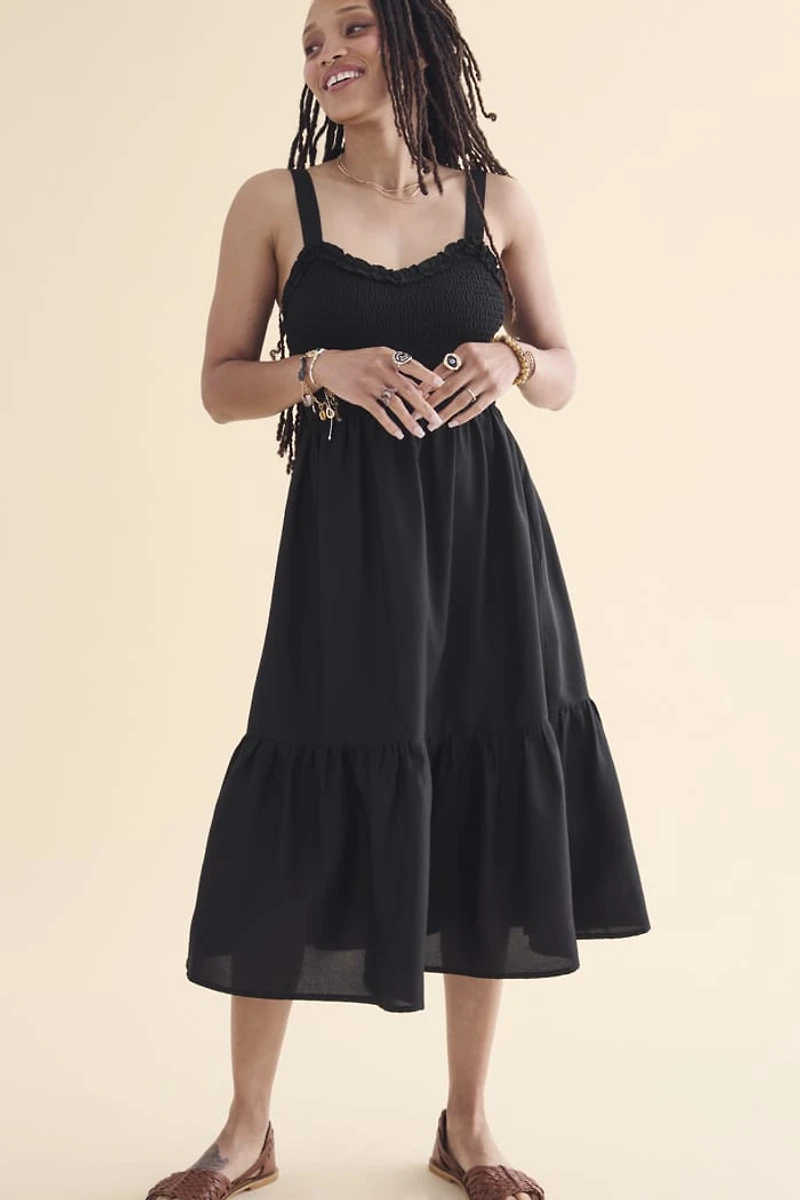 Black Ruffle Shirred Midi Dress