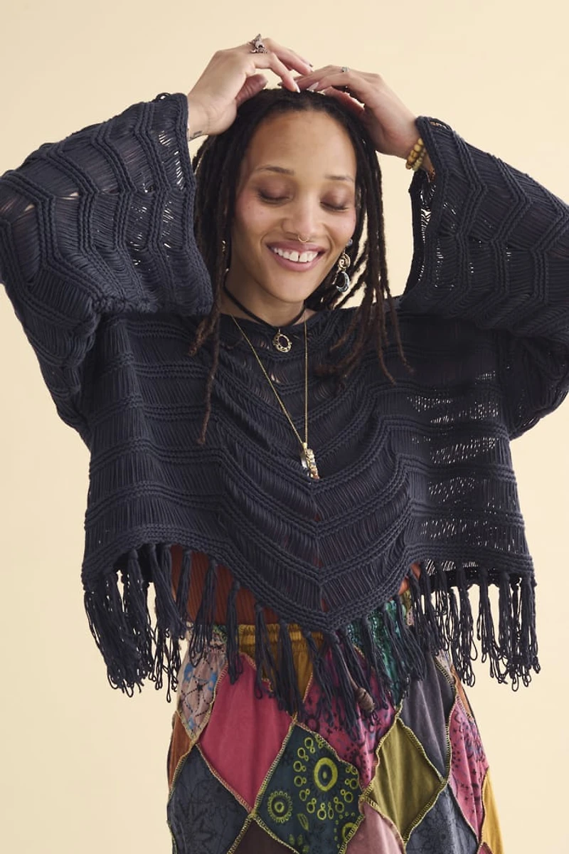 Navy Fringe Tassel Sheer Sweater
