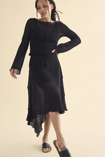 Black Mesh Panel Midi Skirt