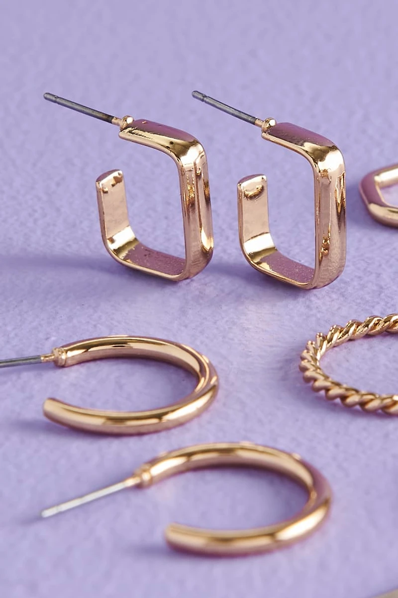 Solid Gold Rectangular Hoop Earring Set