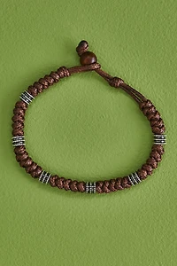 Brown Knotted Rope Silver Bead Bracelet