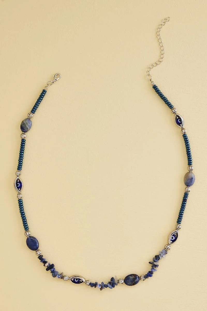 Sodalite and Hematite Beaded Evil Eye Necklace