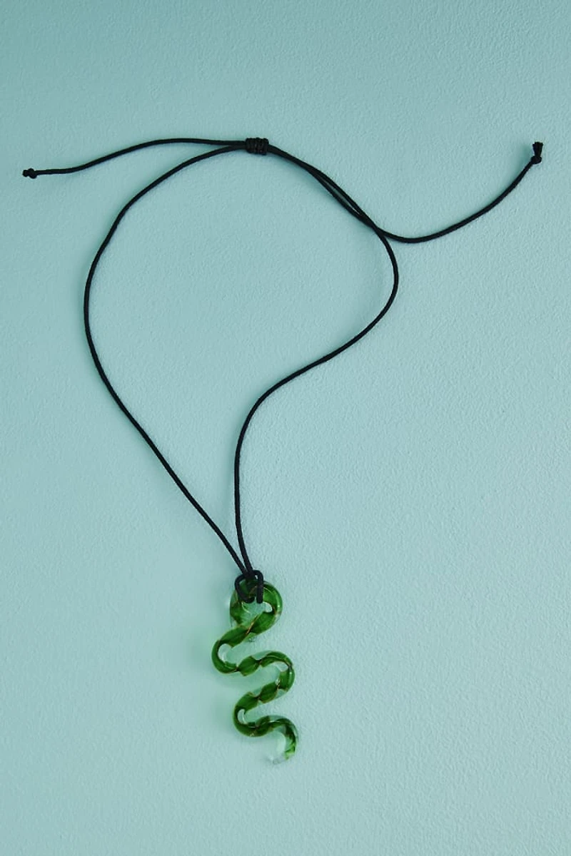 Green Glass Snake Charm Nylon Necklace