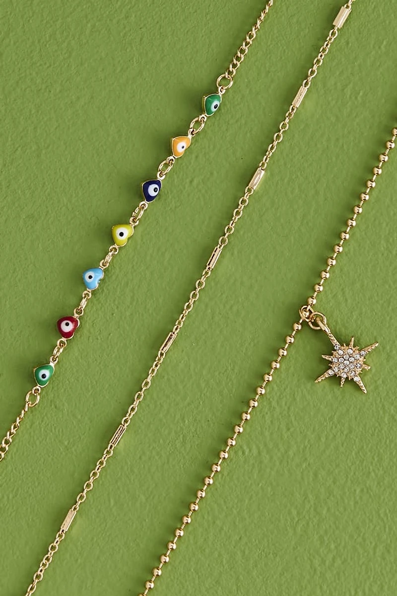 Gold Evil Eye Heart Pendant Anklet Set