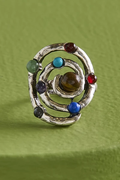 Multi Stone Solar Spiral Hammered Ring