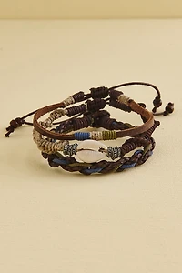 Brown Braided Shell Leather Bracelet Set