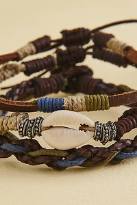 Brown Braided Shell Leather Bracelet Set