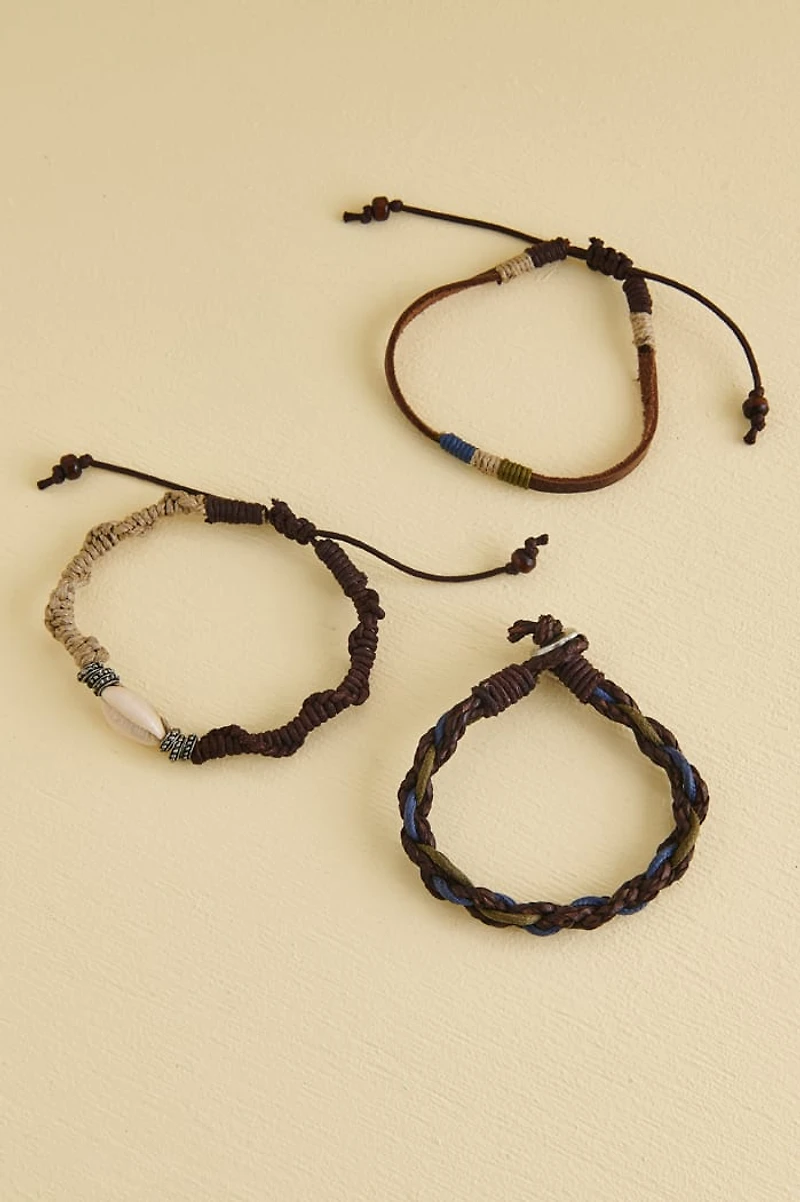 Brown Braided Shell Leather Bracelet Set