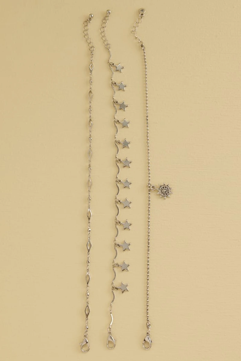 Silver Star Ball Chain Anklet Set