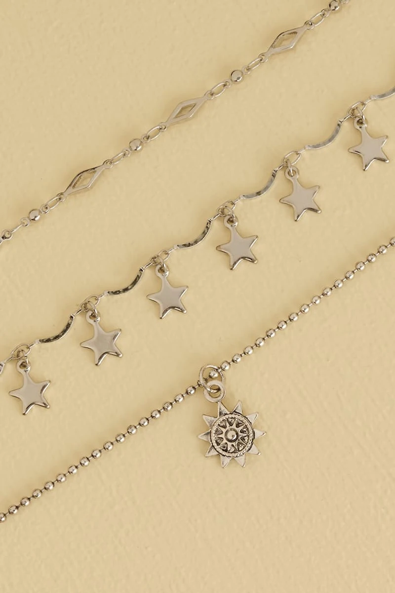 Silver Star Ball Chain Anklet Set