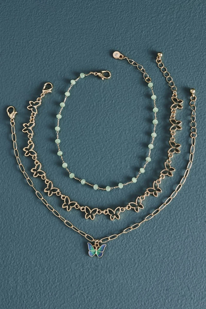 Cutout Butterfly Green Faux Stone Anklet Set