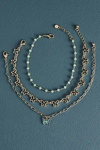 Cutout Butterfly Green Faux Stone Anklet Set