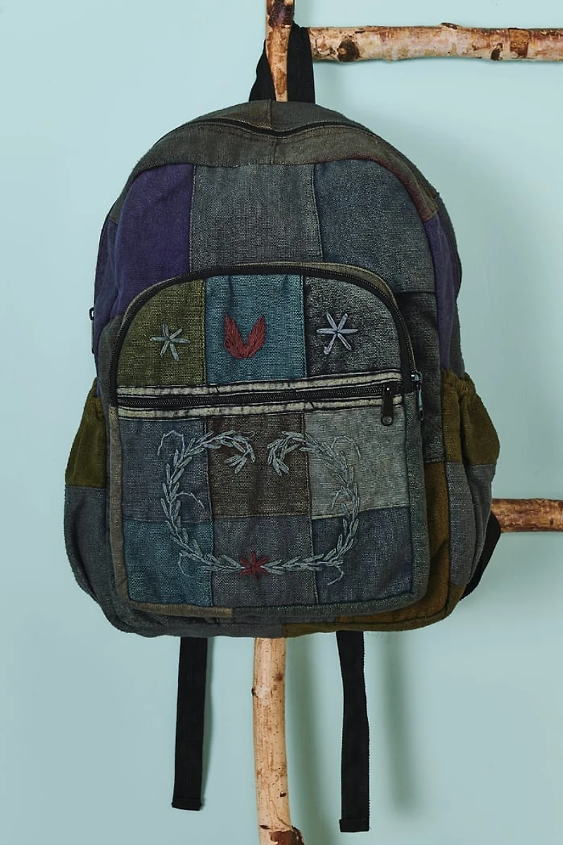 Grey Washed Embroidered Nature Motif Backpack