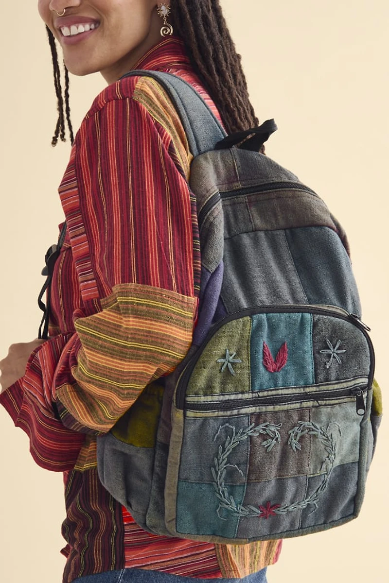 Grey Washed Embroidered Nature Motif Backpack