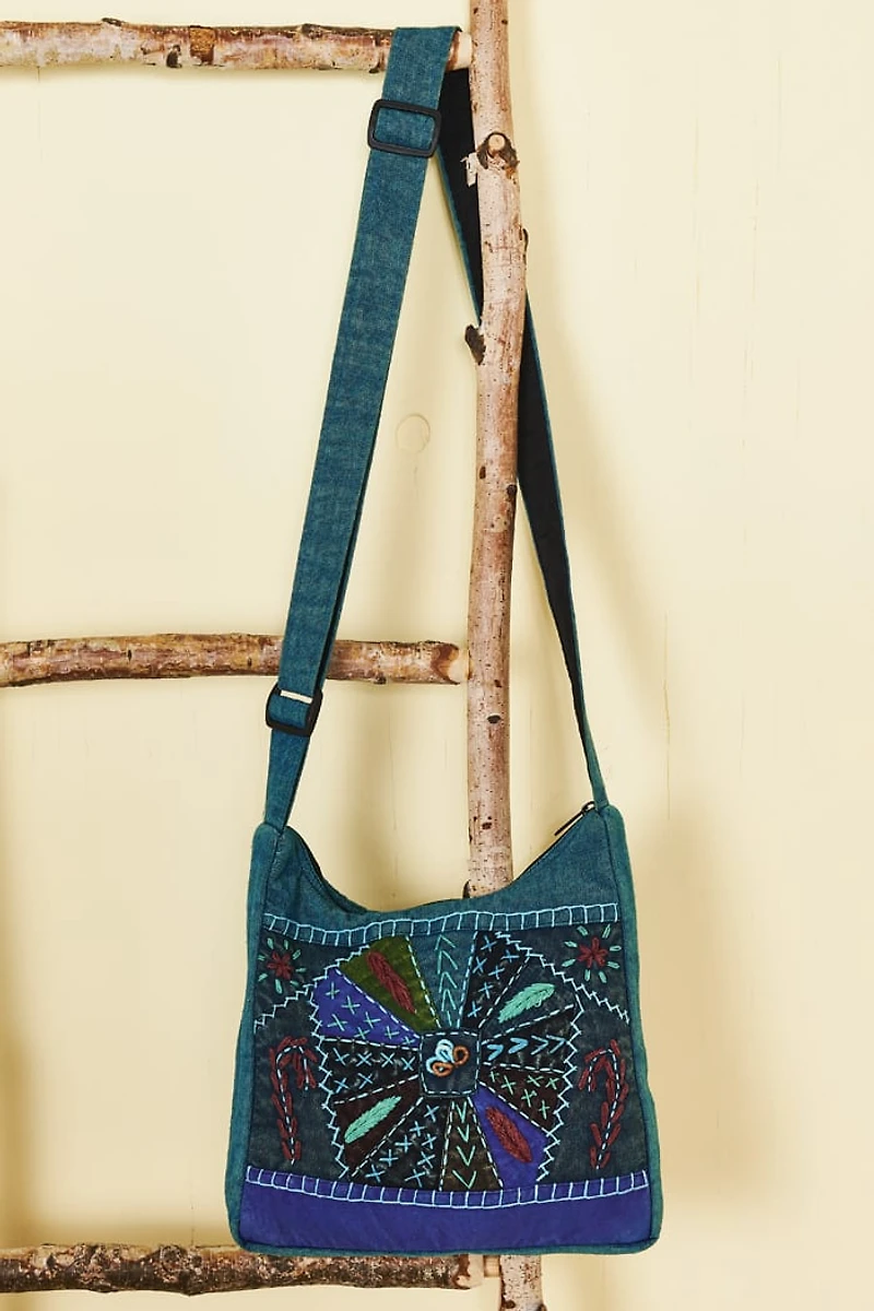 Teal Embroidered Cotton Tote Bag