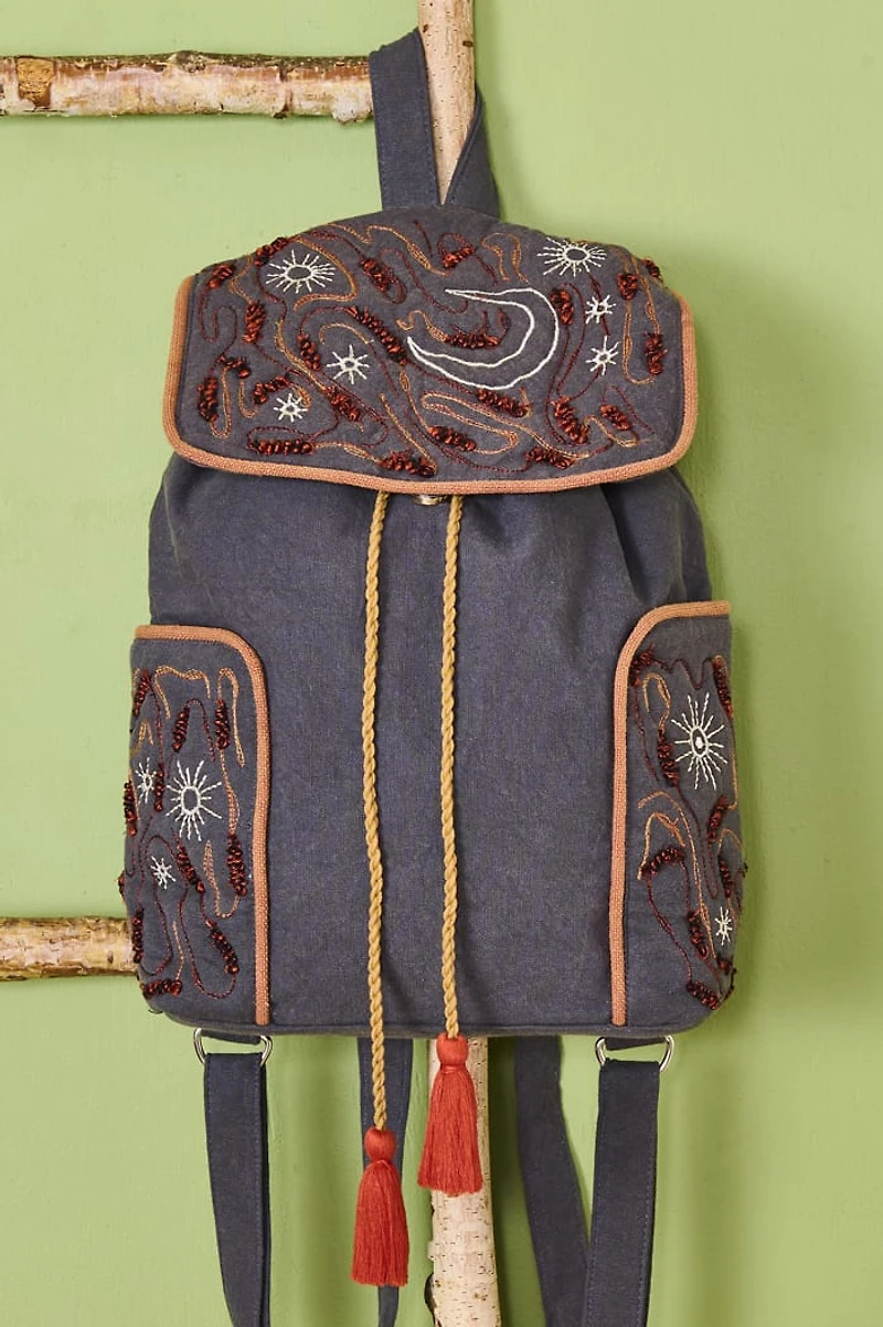 Grey Embroidered Harvest Moon Backpack