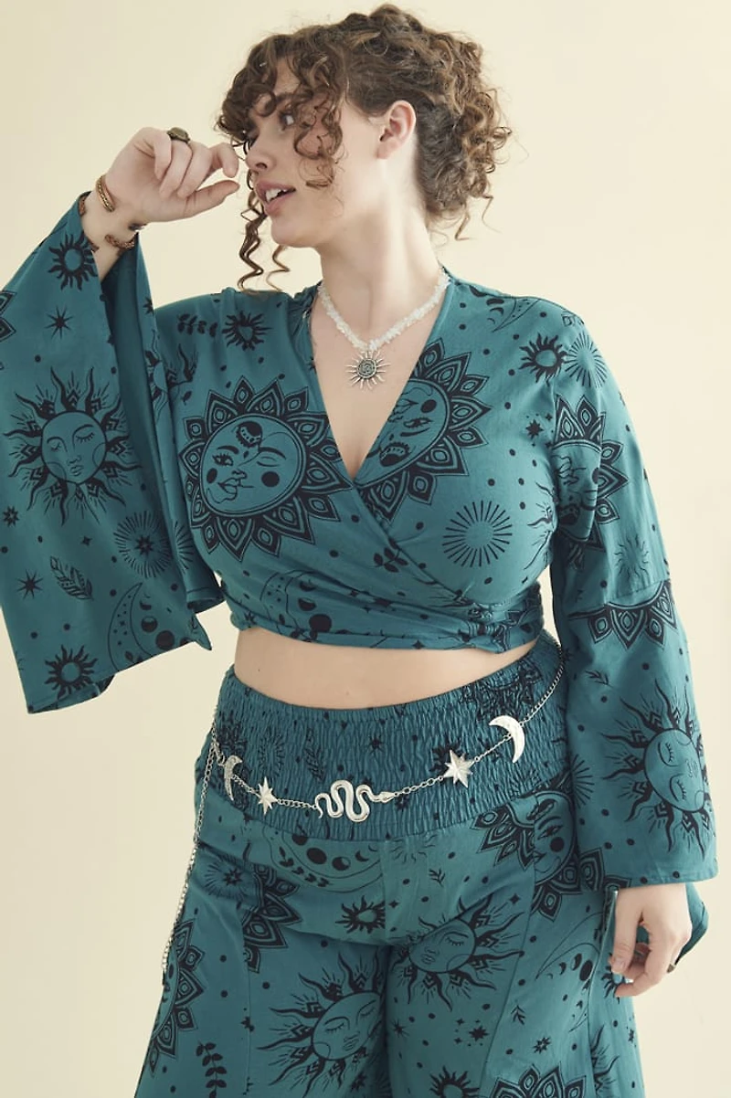 Teal Boho Sun Belle Sleeve Wrap Shirt
