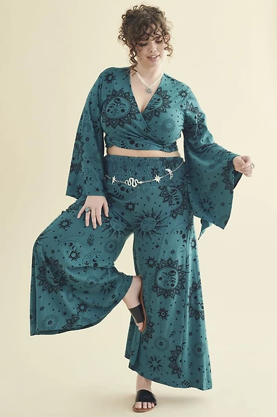 Teal Boho Sun Panel Wide Leg Pants