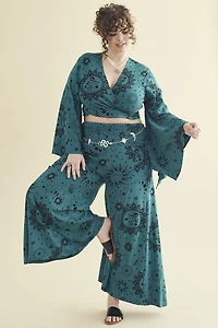 Teal Boho Sun Panel Wide Leg Pants