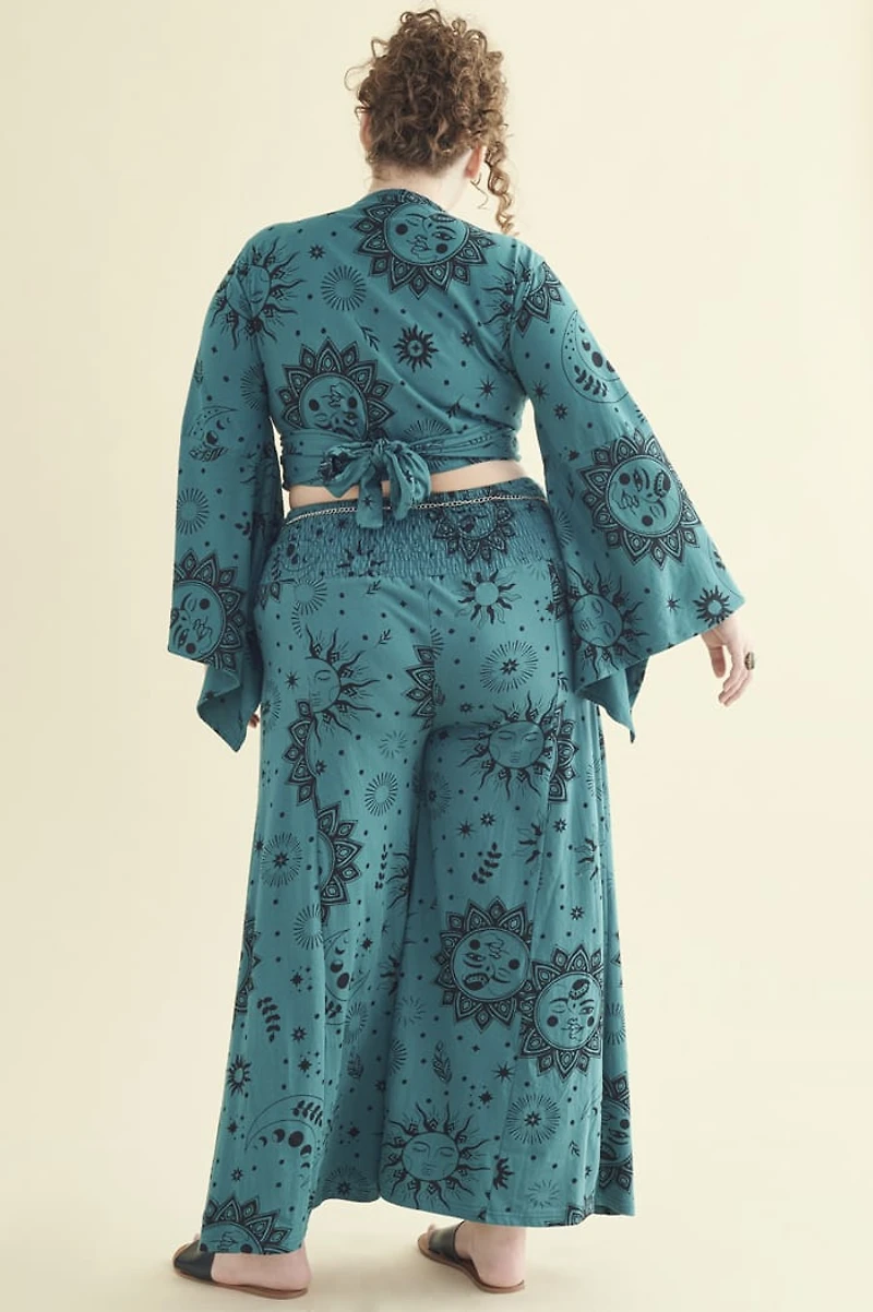 Teal Boho Sun Panel Wide Leg Pants