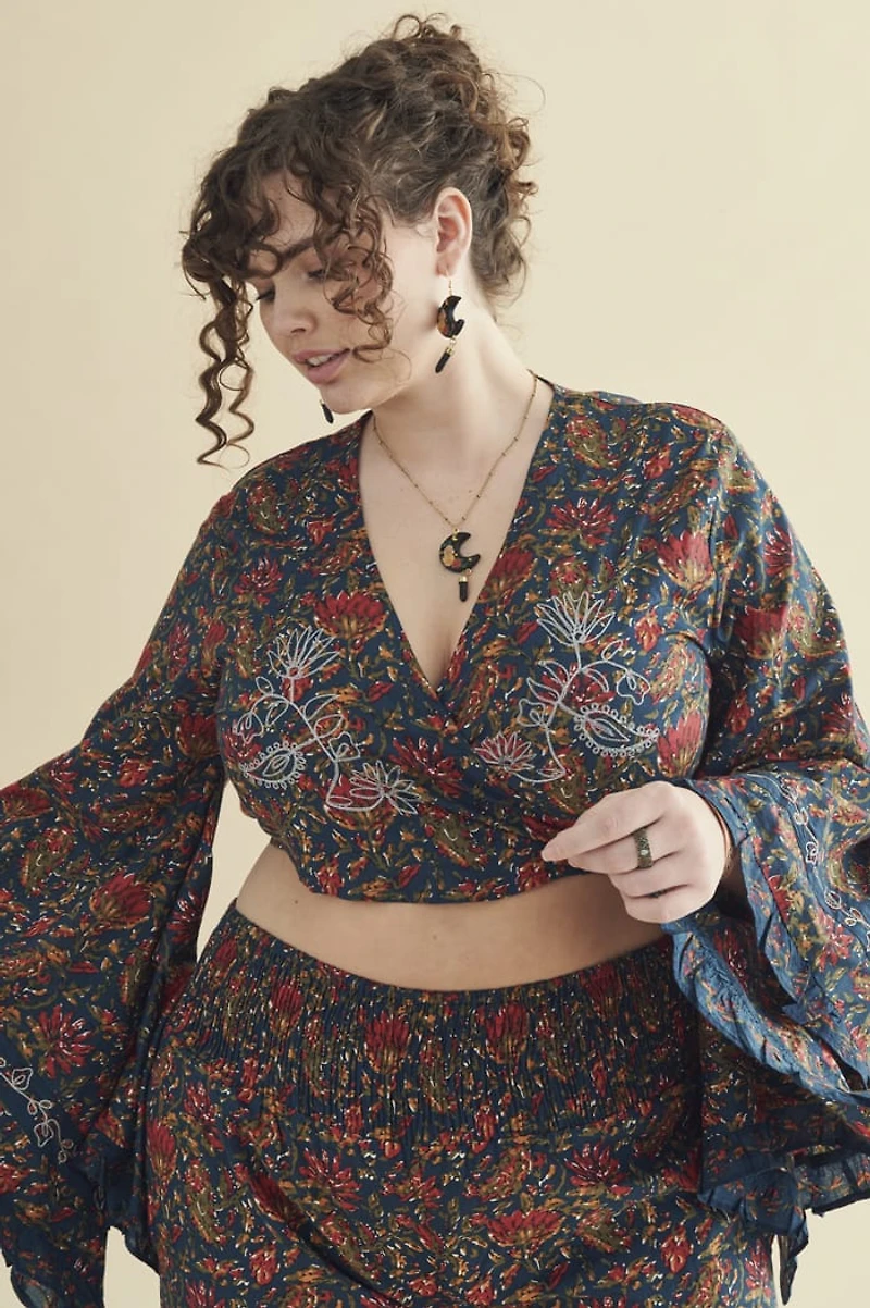 Navy Floral Tie Front Bell Sleeve Top