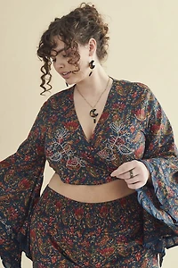 Navy Floral Tie Front Bell Sleeve Top