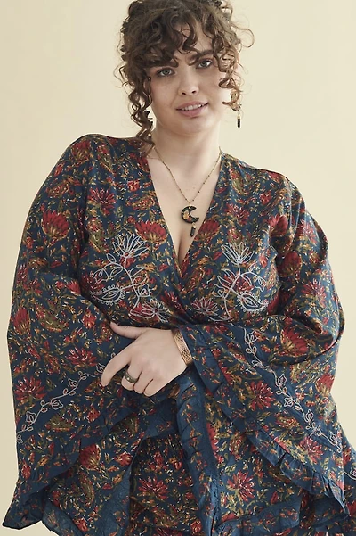 Navy Floral Tie Front Bell Sleeve Top