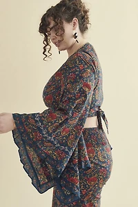Navy Floral Tie Front Bell Sleeve Top