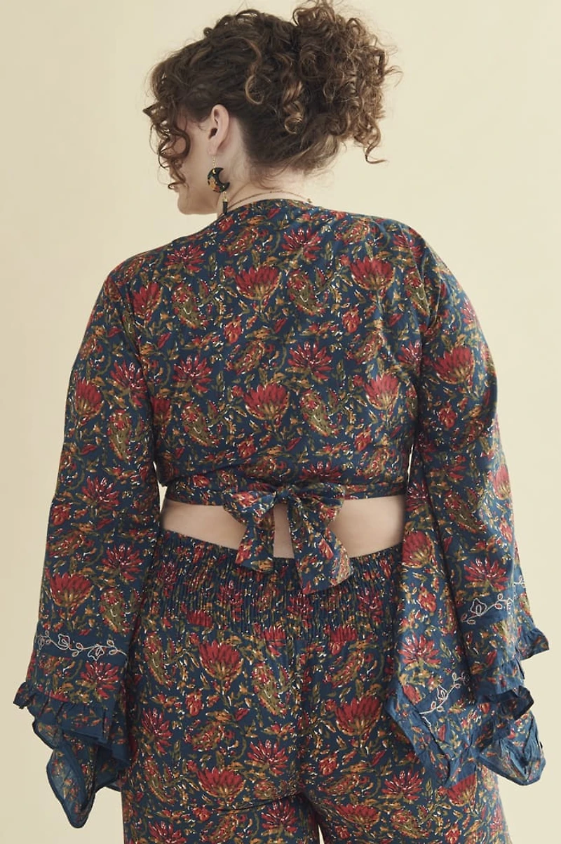 Navy Floral Tie Front Bell Sleeve Top