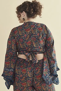 Navy Floral Tie Front Bell Sleeve Top