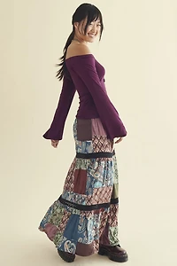 Buy Assorted Velvet Patchwork Tiered Maxi Skirt Online from Earthbound