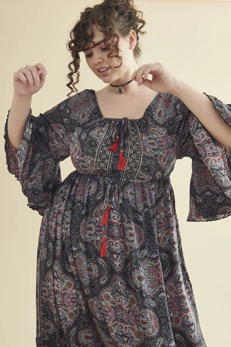 Buy Grey Paisley Tie Front Maxi Dress Online from Earthbound