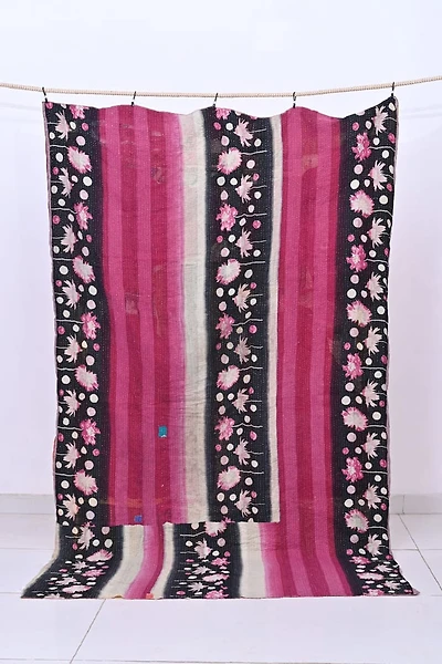 Buy Large Kantha Throw | Orange Teal Checkered Patchwork - Shop Now