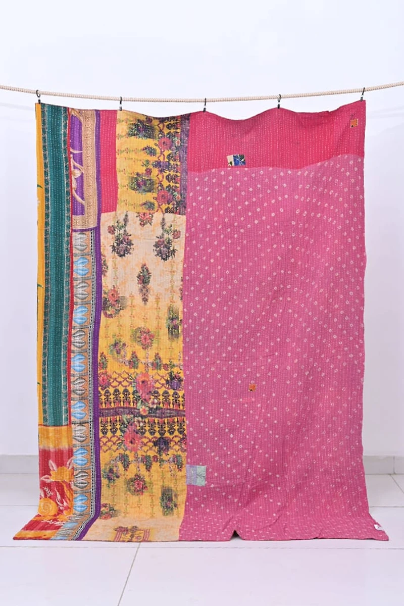 Shop Large Kantha Throw | Red Botanical Block Print Quilt - Buy Now