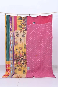 Shop Large Kantha Throw | Red Botanical Block Print Quilt - Buy Now