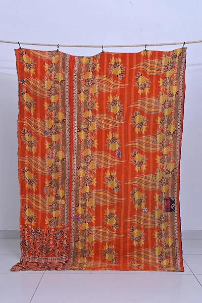Buy Large Kantha Throw | Orange Sunflower Block Print - Shop Now