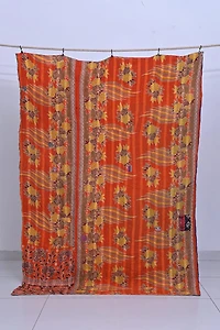 Buy Large Kantha Throw | Orange Sunflower Block Print - Shop Now