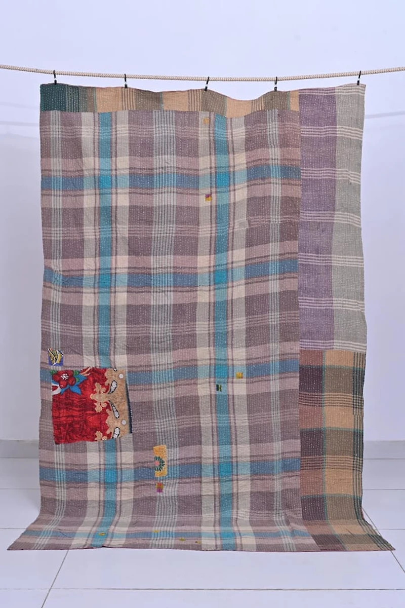 Buy Large Kantha Throw | Red Yellow Floral Stripe - Shop Now