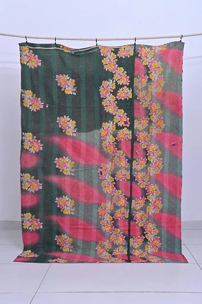 Shop Large Kantha Throw | Green Pink Floral Patchwork - Buy Now