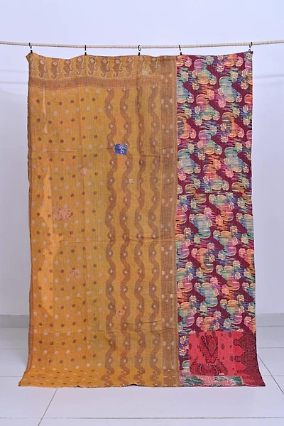 Buy Large Kantha Throw | Mustard Dot & Floral Patchwork – Shop Now