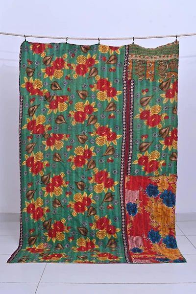 Shop Large Kantha Throw | Green Rose Floral Quilt – Buy Now