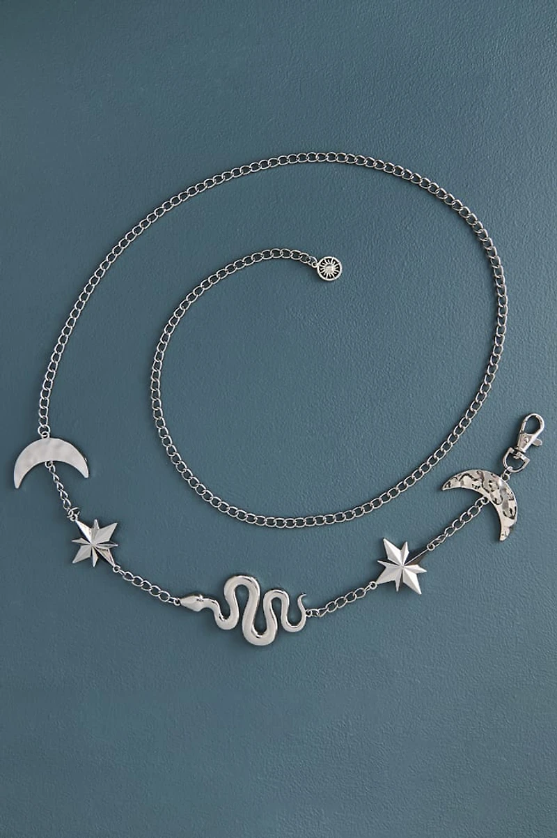 Silver Hammered Moon Snake Chain Belt