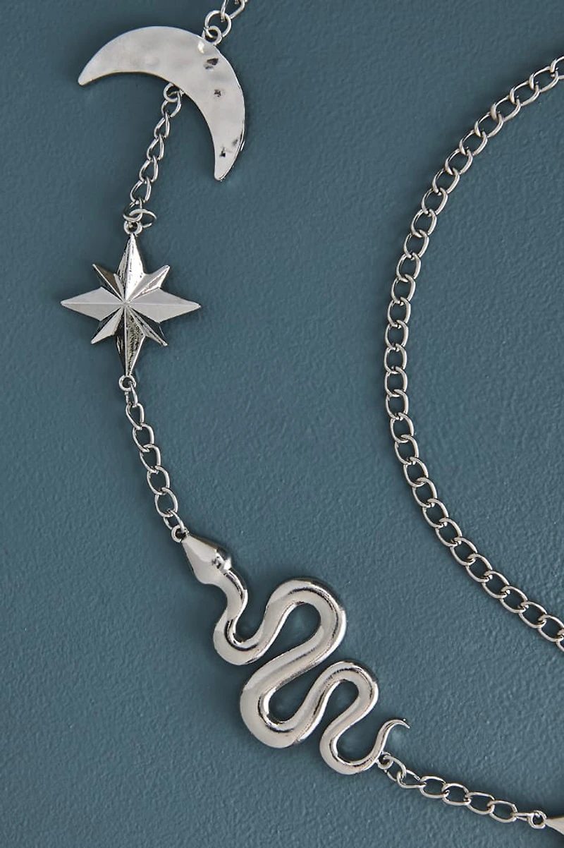 Silver Hammered Moon Snake Chain Belt