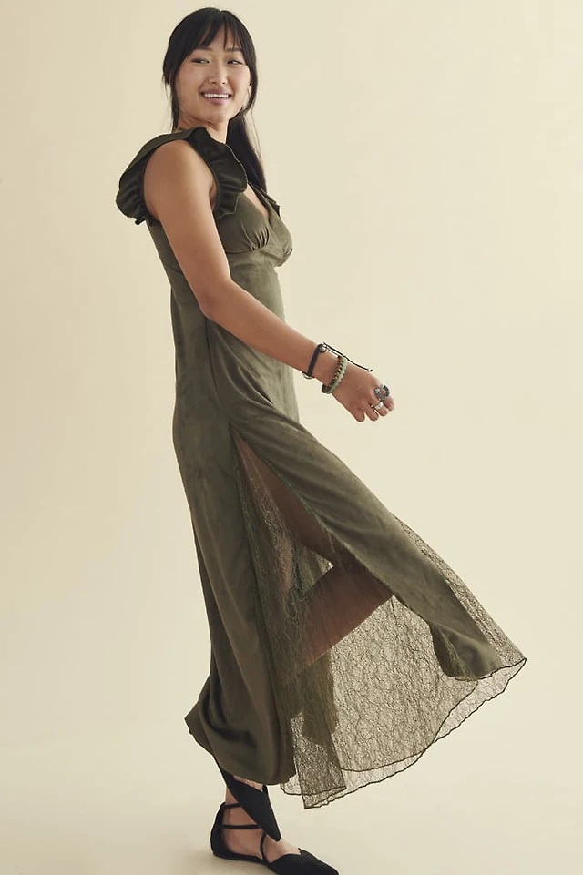 knee length dresses for ladies Kate Puff Sleeve Lace Dress-Dark Green main image 1