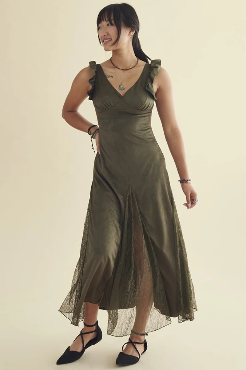 Buy Moss Faux Suede Lace Panel Maxi Dress Online at Earthbound Trading