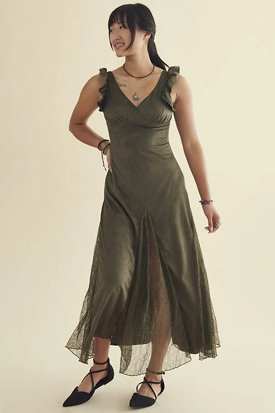 Buy Moss Faux Suede Lace Panel Maxi Dress Online at Earthbound Trading