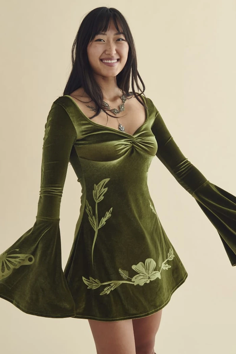 Lime Velour Bell Sleeve Mini Dress